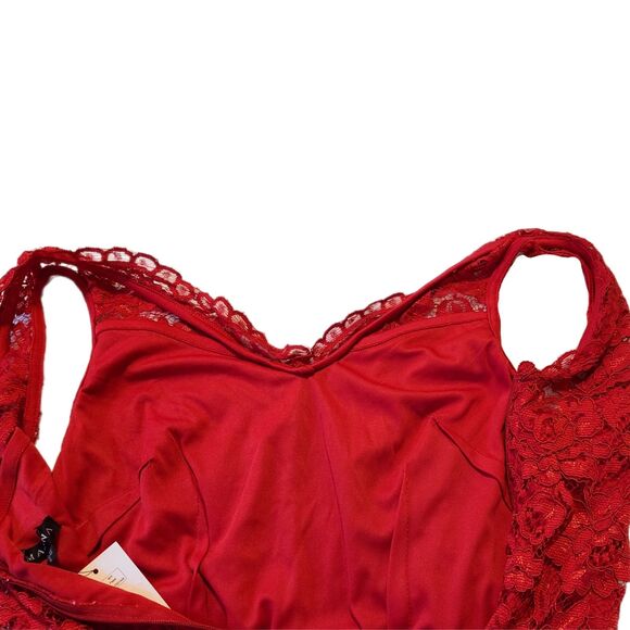 Marina | Red Floral Metallic Lace Overlay Knee Length Sheath Dress, Size M or 8 - Picture 8 of 10